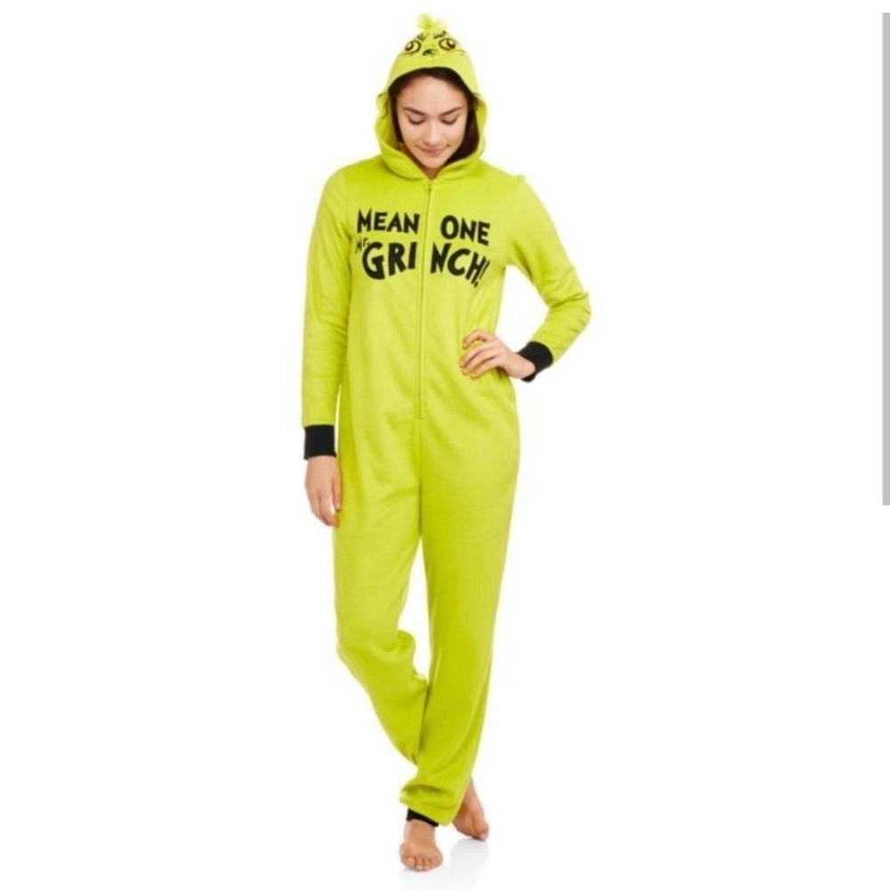 Dr. Seuss Grinch “Mean One” Green Onesie Pajama Zip Up with Hood | XS